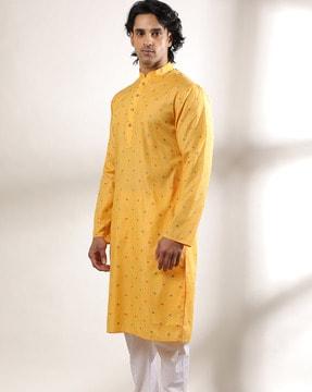 printed slim fit kurta with mandarin collar