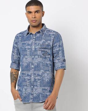 printed slim fit shirt with flap pocket