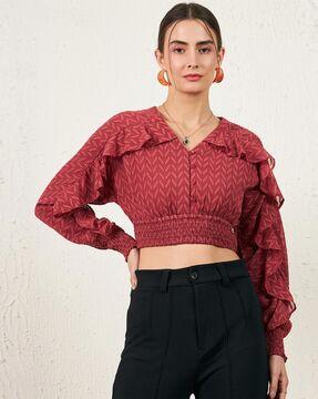 printed slim fit top with ruffled detail