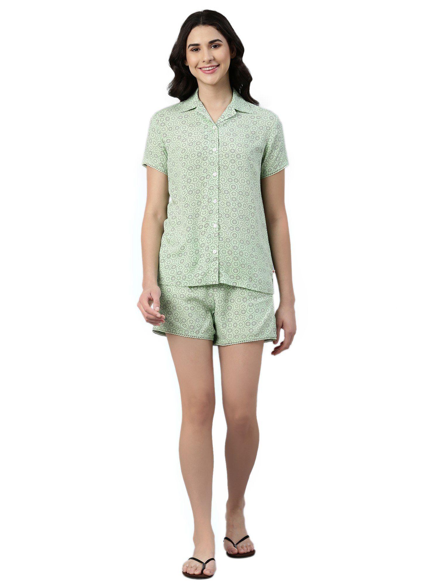 printed slounge shirt & shorts for women with scallop lace trim (set of 2)