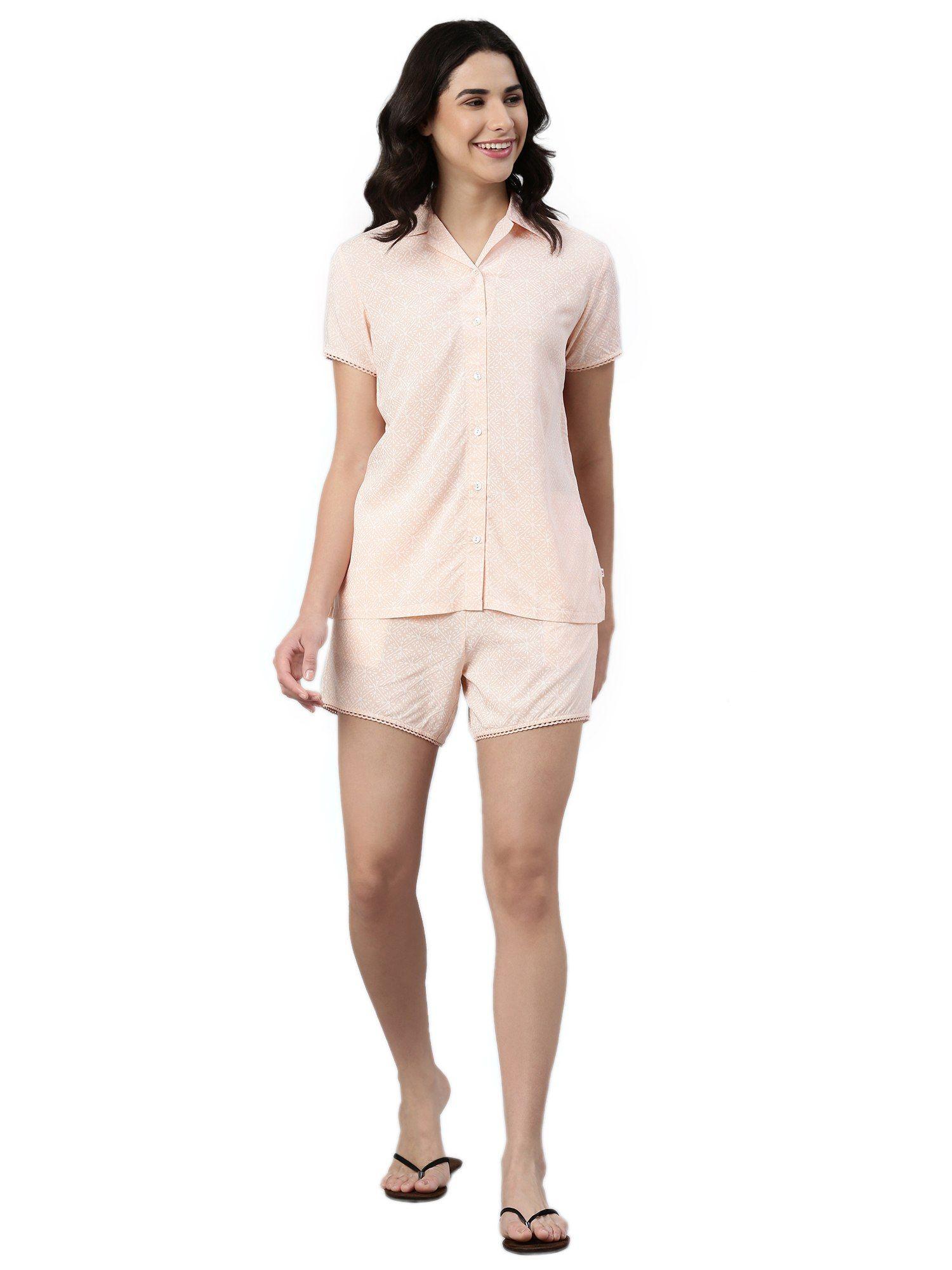 printed slounge shirt & shorts for women with scallop lace trim (set of 2)