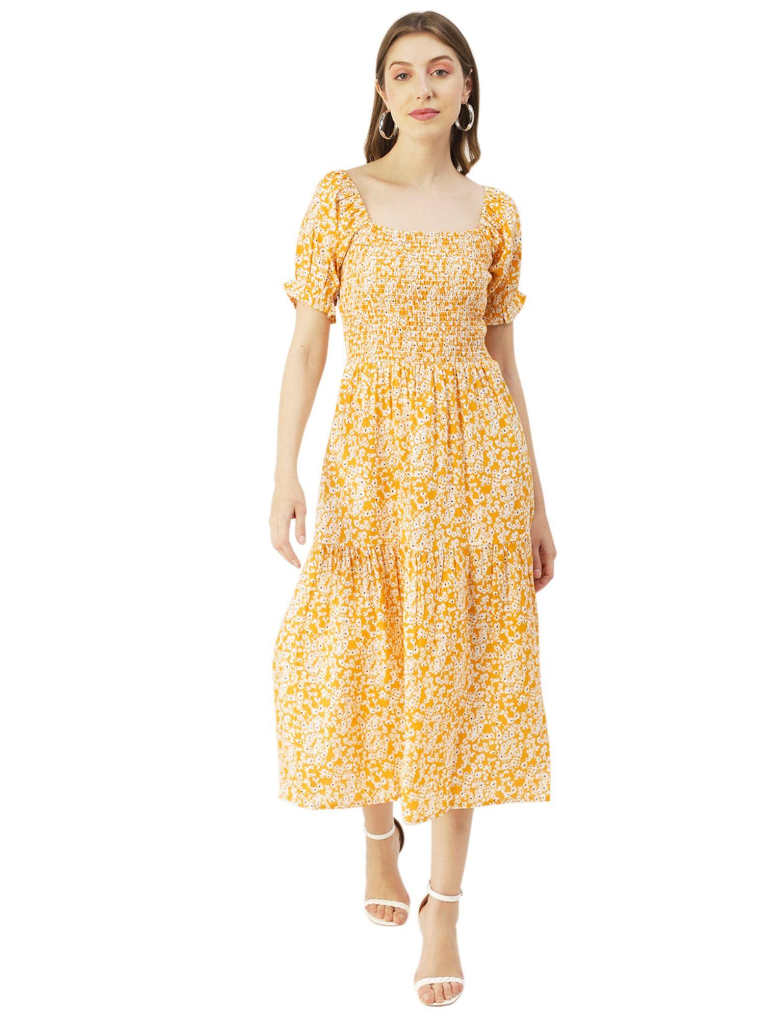 printed smocked square neck midi dress