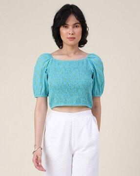 printed smocked square-neck top