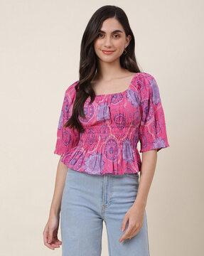 printed smocked square-neck top