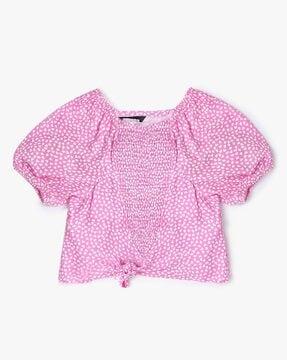 printed smocked top with tie-up