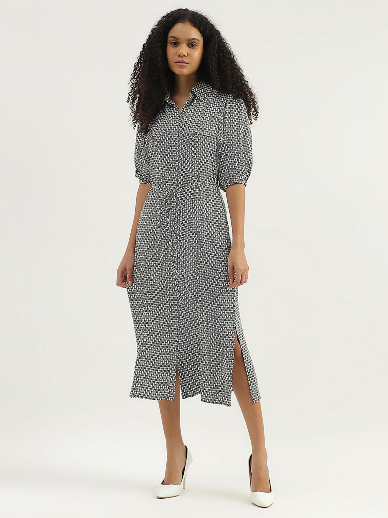 printed spread collar shirt midi dress