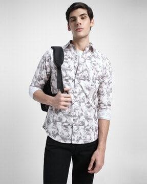 printed spread-collar shirt