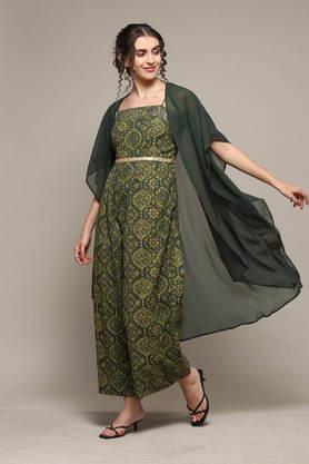 printed square neck blended women's maxi dress - green