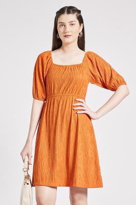 printed square neck cotton blend women's knee length dress - orange