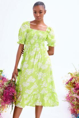 printed square neck cotton women's mid thigh dress - lime green