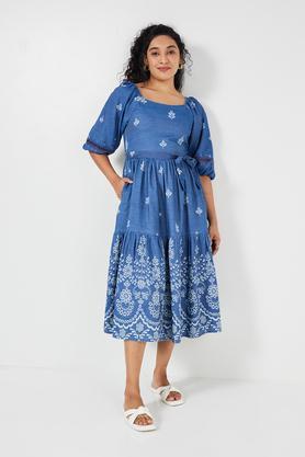 printed square neck denim women's ethnic dress - indigo