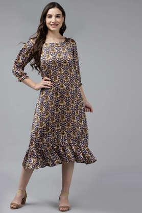 printed square neck georgette women's calf length dress - multi