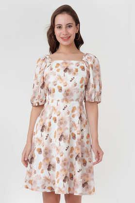 printed square neck polyester women's dress - off white