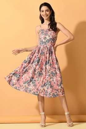 printed square neck polyester women's knee length dress - pink