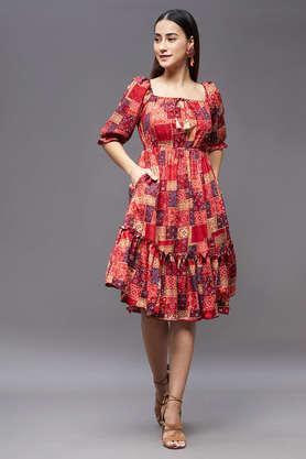 printed square neck rayon blend women's knee length dress - multi