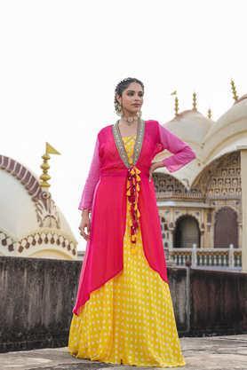 printed square neck silk women's lehenga choli set - yellow