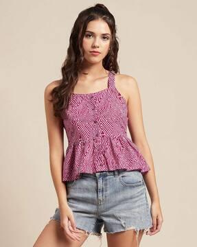 printed square-neck top with cinched detail