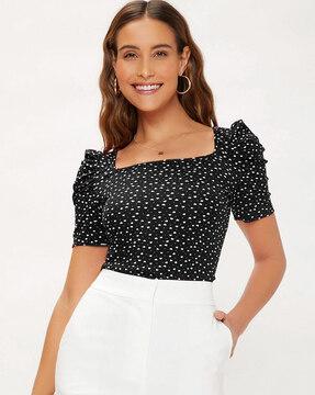 printed square-neck top with flounce sleeves