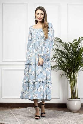 printed square neck viscose women's maxi dress - blue