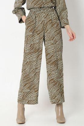 printed straight fit blended fabric women's casual wear trousers - brown