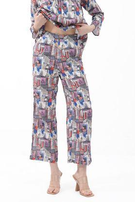 printed straight fit cotton women's casual wear trousers - multi