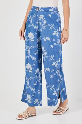printed straight fit denim women's casual wear pants - blue