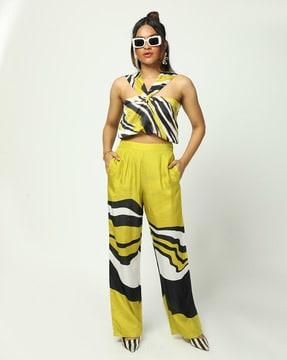 printed straight fit pants with semi-elasticated waist