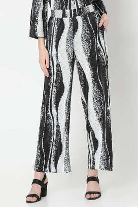 printed straight fit polyester women's casual wear trousers - black