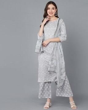 printed straight kurta & palazzo set with dupatta