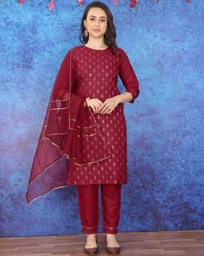 printed straight kurta & pants with dupatta set