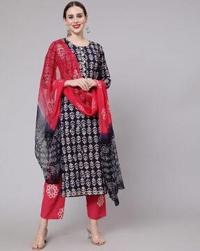 printed straight kurta set with dupatta