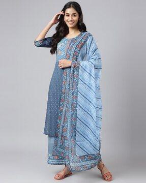 printed straight kurta set with dupatta