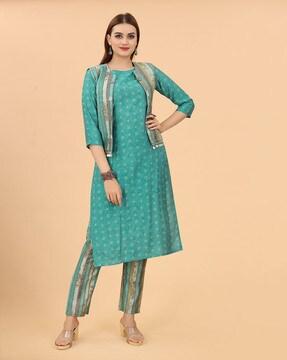 printed straight kurta set with jacket