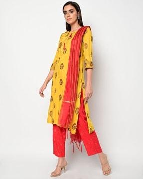 printed straight kurta suit set