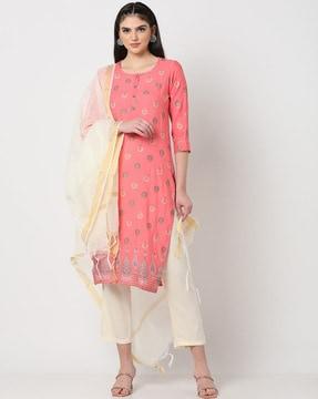 printed straight kurta suit set