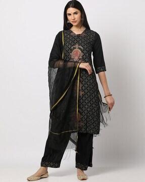 printed straight kurta suit set