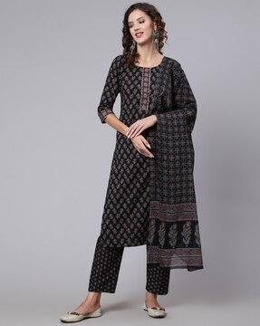 printed straight kurta suit set