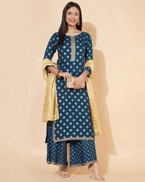 printed straight kurta suit set