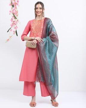 printed straight kurta suit set