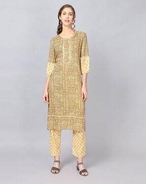 printed straight kurta suit set