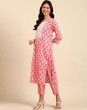 printed straight kurta suit set