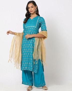 printed straight kurta suit set