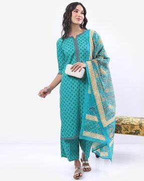 printed straight kurta suit set