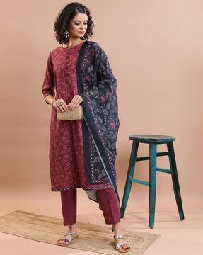 printed straight kurta suit set