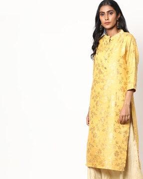 printed straight kurta with mandarin collar