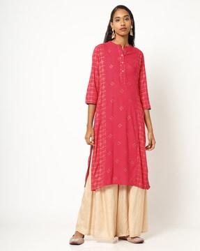 printed straight kurta with mandarin collar