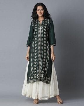 printed straight kurta with notched mandarin collar