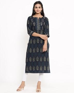 printed straight kurta with notched neckline