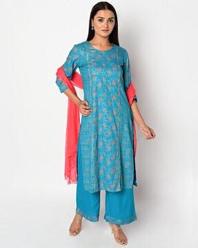 printed straight kurta with palazzos & dupatta