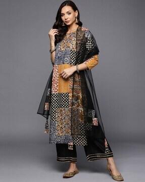 printed straight kurta with pants & dupatta